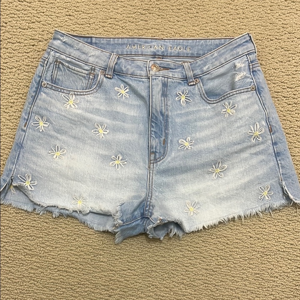 American Eagle Outfitters Daisy Embroidered Denim Mom Shorts